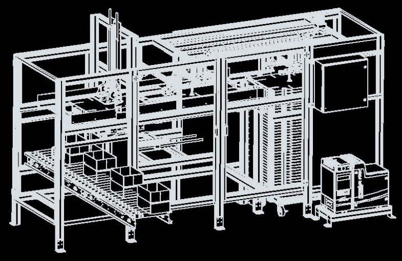 Assembly drawing of a case erector with conveyor, frame, control enclosure and printer