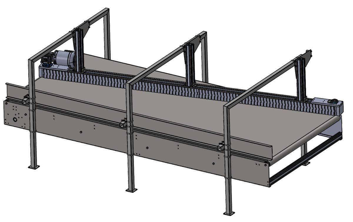 3D model of a stainless combining conveyor with overhead frames