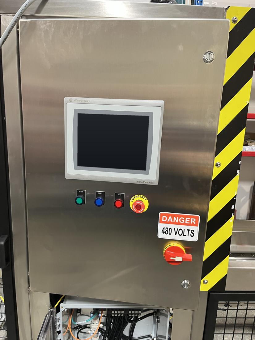 Stainless operator station with a PanelView Plus touchscreen, pushbuttons, emergency stop and disconnect