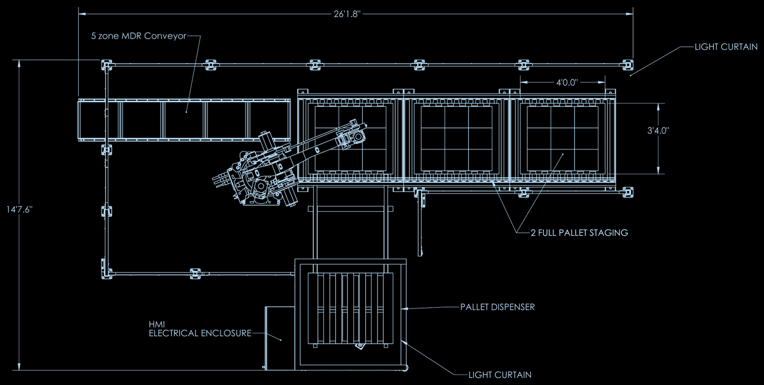 Plan view drawing of the palletizer: 5 zone MDR conveyor, robot, 2 full pallet staging, pallet dispenser, HMI electrical enclosure and light curtains, 26 feet 1.8 inches by 14 feet 7.6 inches