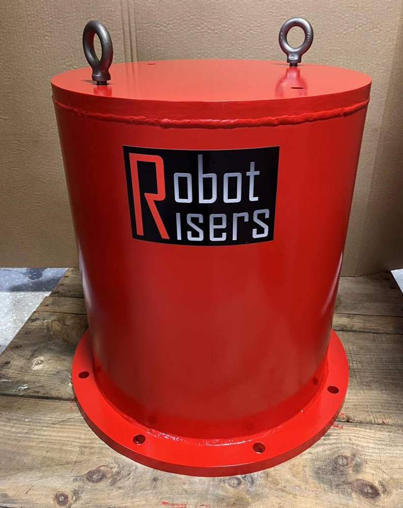 Finished red robot riser with lifting eyes and Robot Risers logo